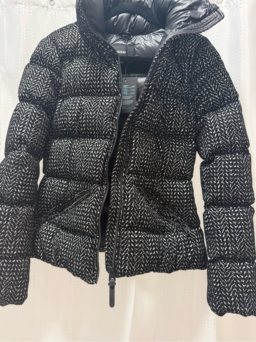 Mackage Black and White Herringbone Quilted Down Puffer Jacket